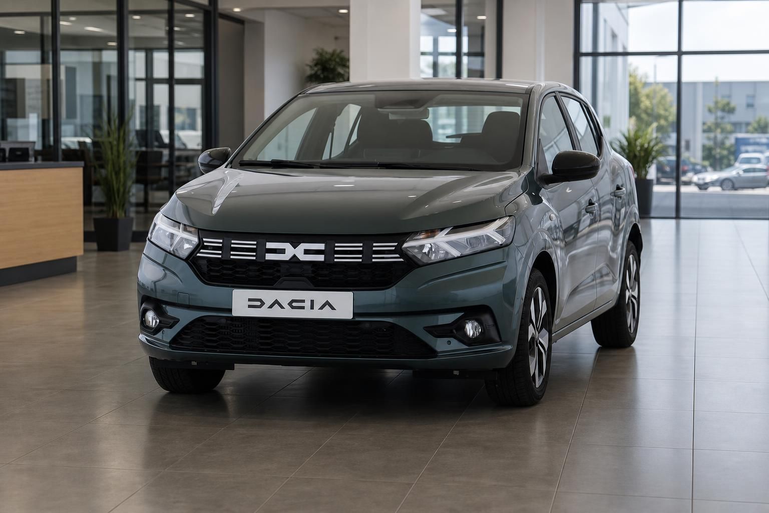 Dacia Sandero in Grün, Frontansicht im Autohaus-Showroom