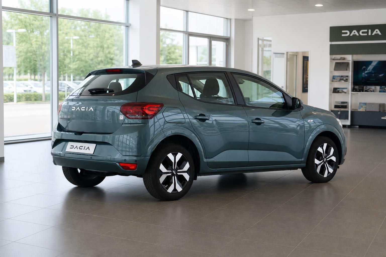 Dacia Sandero in Grün, Heckansicht seitlich im Autohaus-Showroom