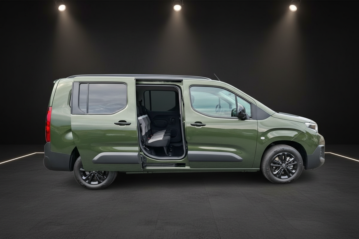 Grüner Vauxhall/Opel Combo Life XL mit geöffneter Schiebetür in Studiofotografie