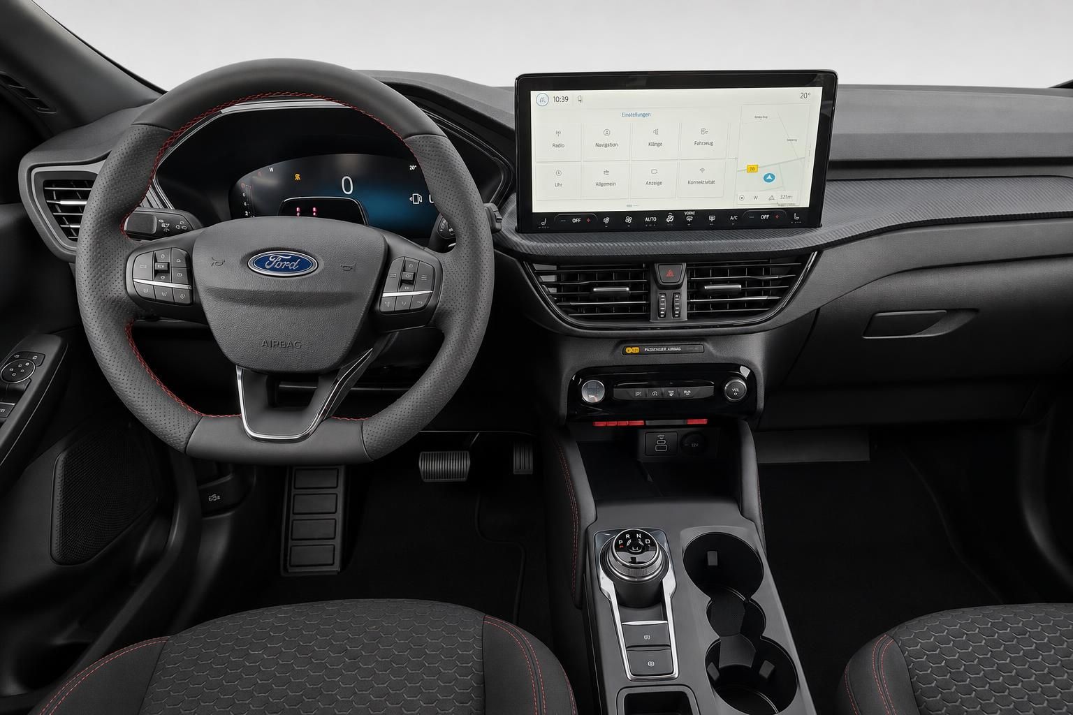 Ford Cockpit mit Lenkrad, Touchscreen und Mittelkonsole im Innenraum