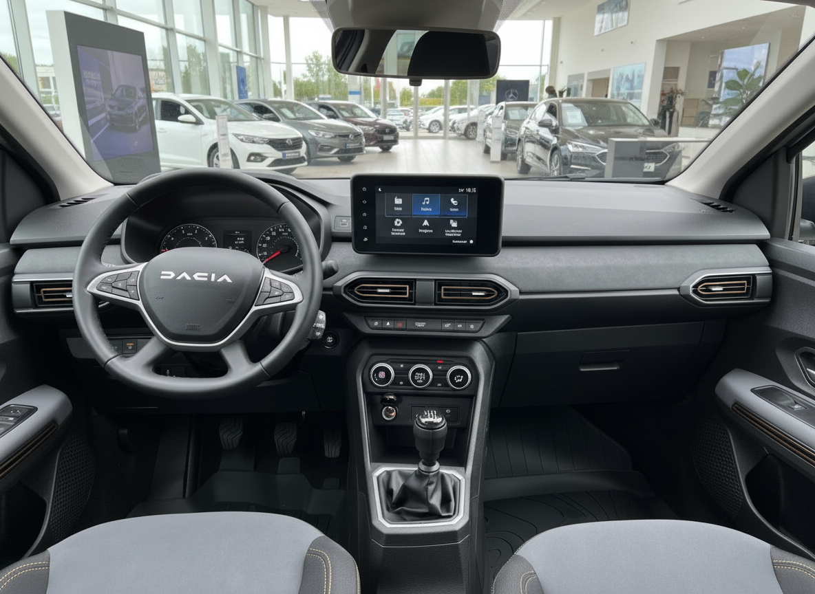 Dacia Innenraum Cockpit mit Touchscreen Infotainment Lenkrad und Schaltgetriebe im Autohaus