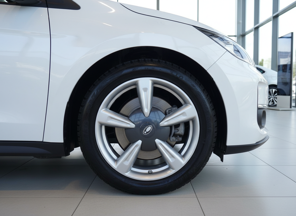 Weißes Elektroauto Detailaufnahme Felge und Reifen im Autohaus Showroom