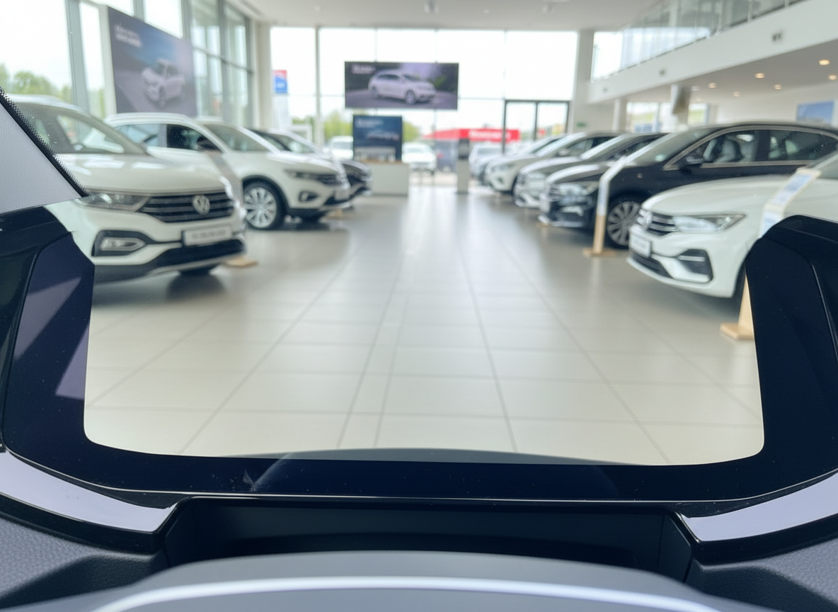 Volkswagen Innenraum mit Blick durch Windschutzscheibe auf VW-Autohaus Showroom mit mehreren Fahrzeugen