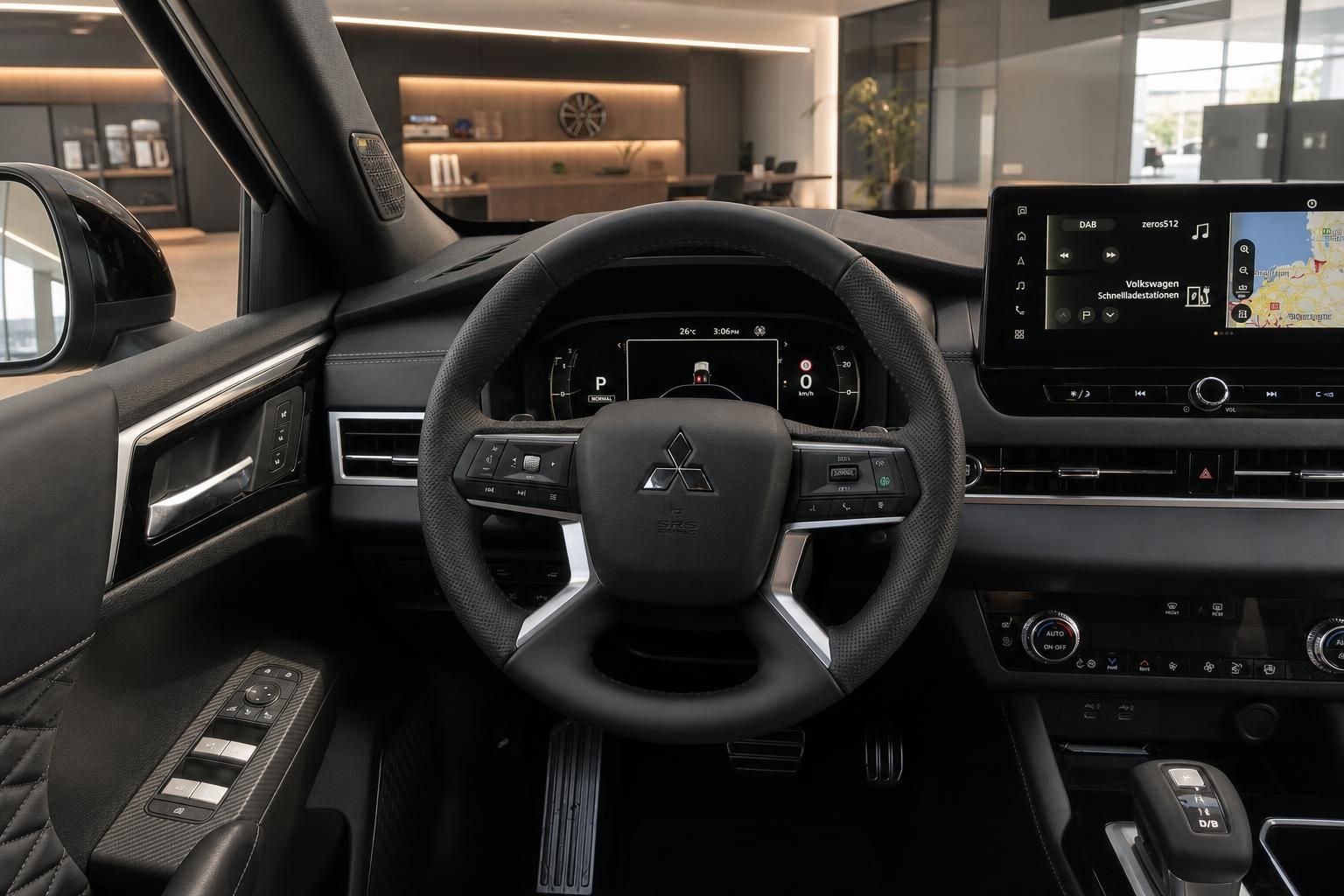 Mitsubishi Cockpit mit Lederlenkrad und digitalem Display im Autohaus