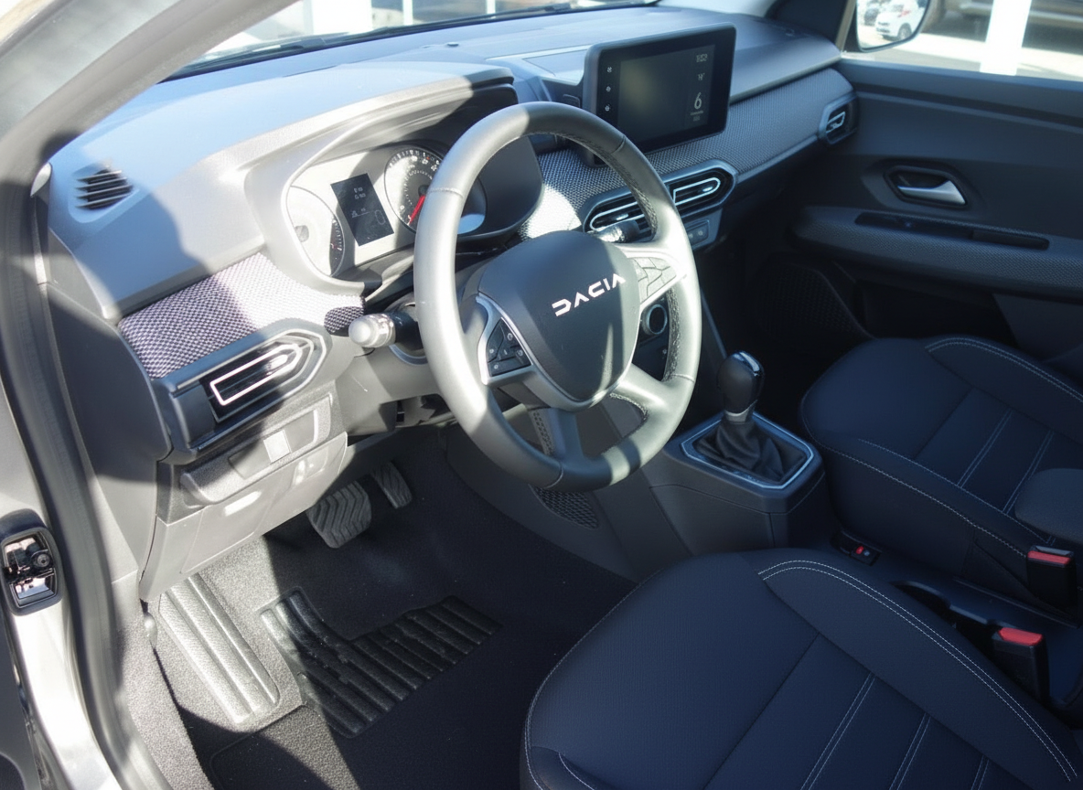 Dacia Innenraum mit Lederlenkrad, Touchscreen-Navigation und manuellem Getriebe