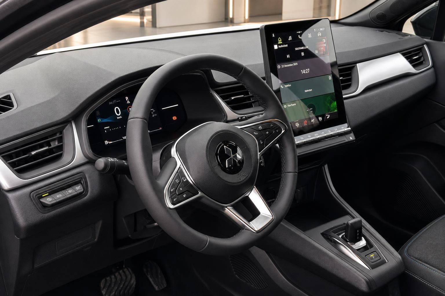 Cockpit Innenraum mit Multifunktionslenkrad und großem Touchscreen-Display im Fahrzeug
