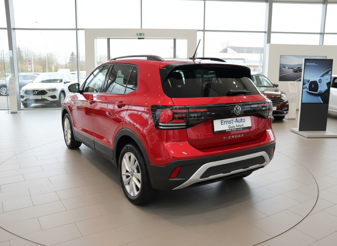 Roter Volkswagen T-Cross SUV Heckansicht im Autohaus Ernst-Auto