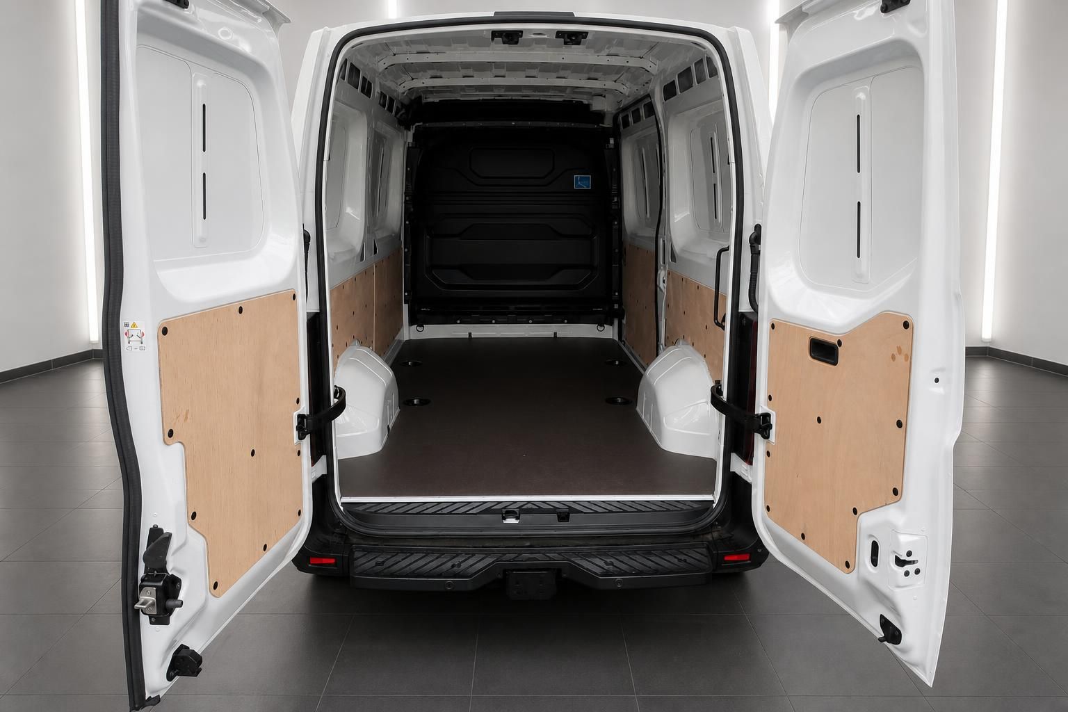 Laderaum eines weißen Transporter-Vans mit geöffneten Hecktüren und Holzverkleidung