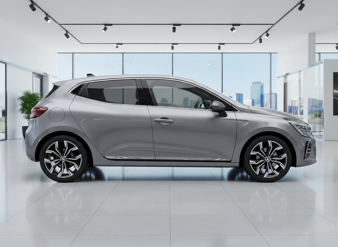 Grauer Renault Clio Fünftürer Seitenansicht im Autohaus Showroom