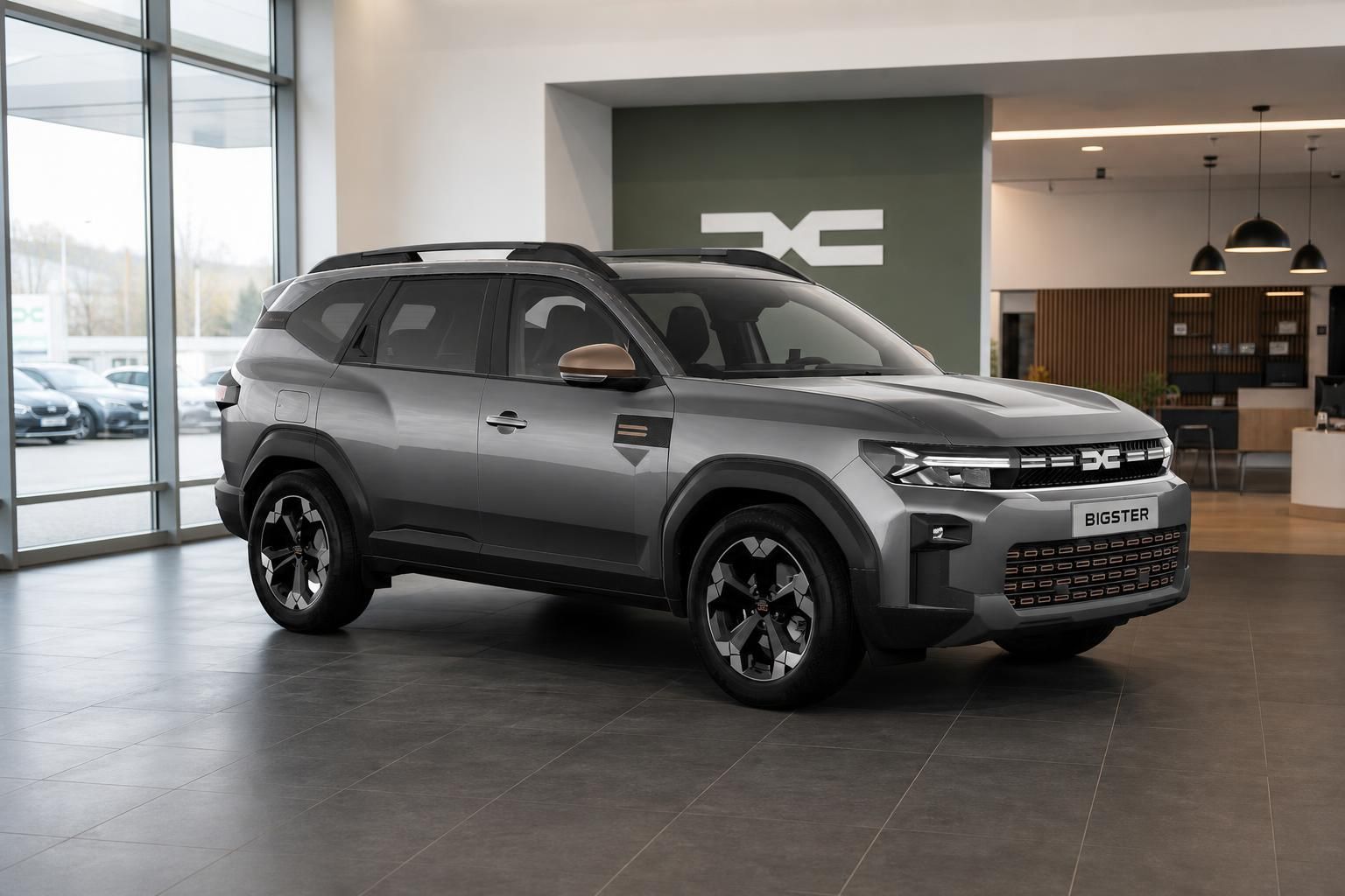 Dacia Bigster grau Frontansicht im modernen Showroom