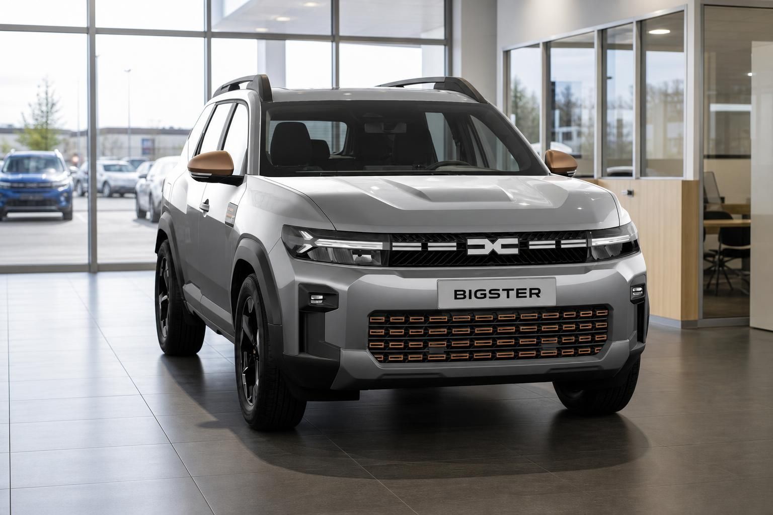 Dacia Bigster silber in Frontansicht im Showroom des Autohauses