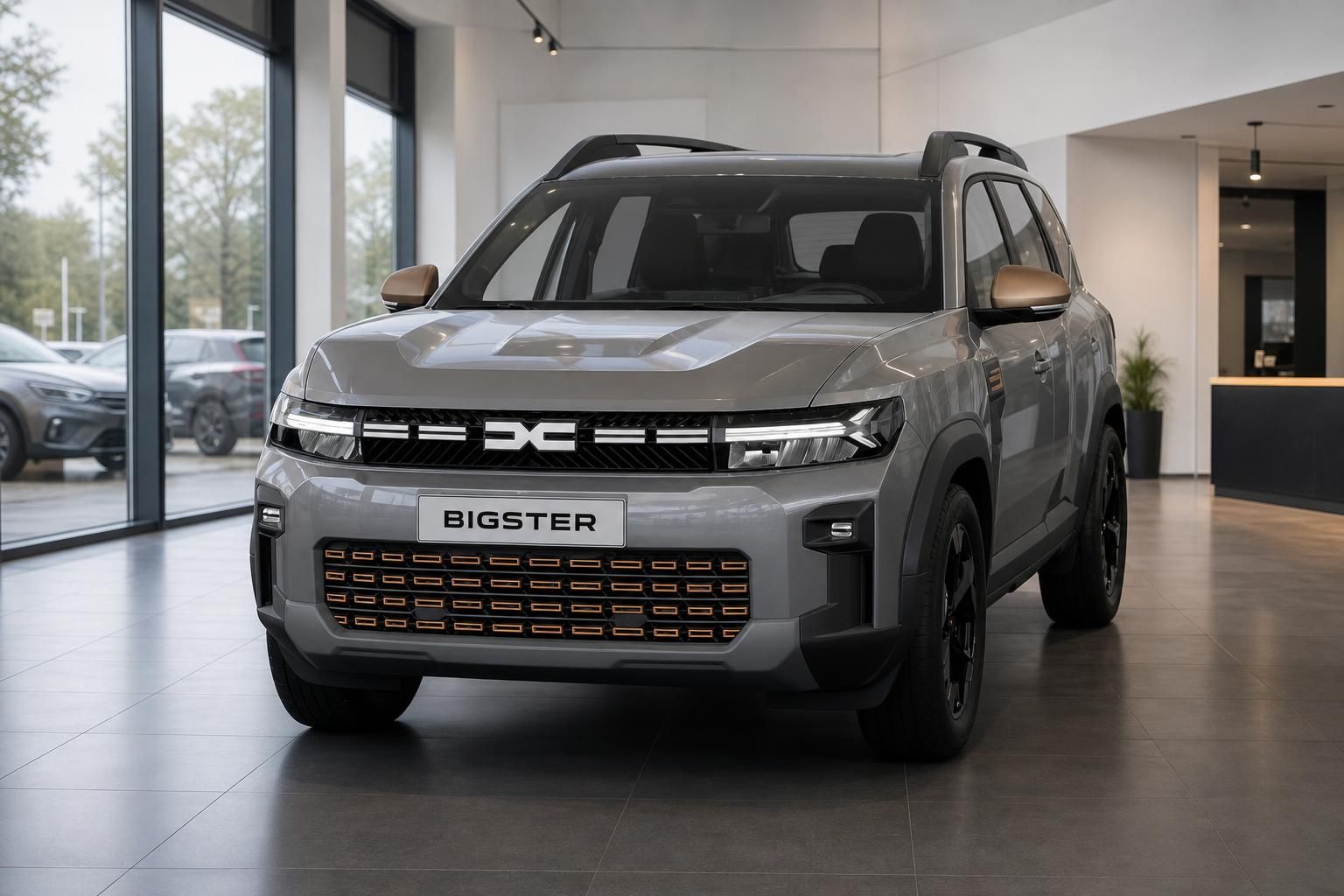 Dacia Bigster grau in Frontansicht im Autohaus-Showroom