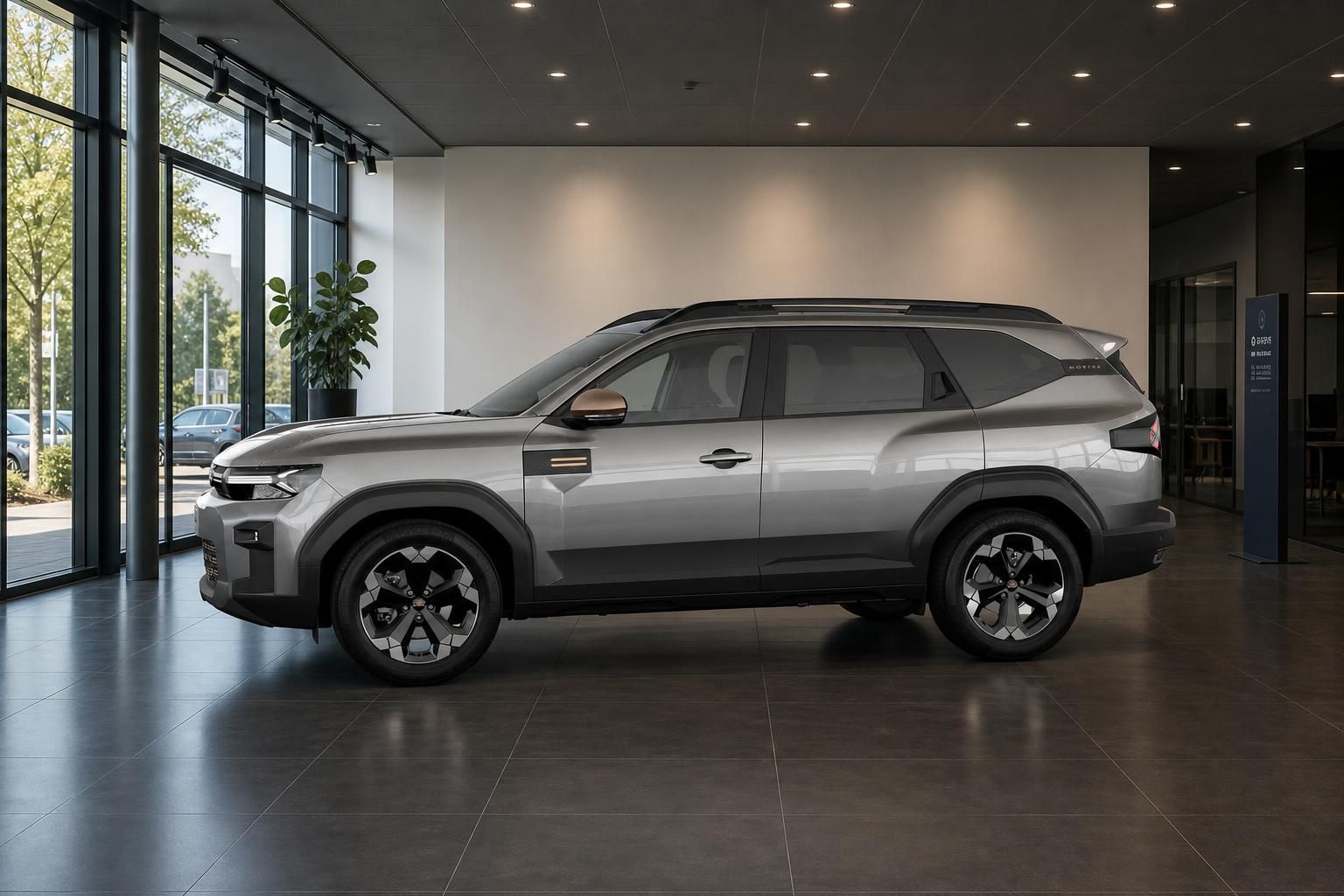 Dacia Bigster in Silber, Seitenansicht in moderner Ausstellung