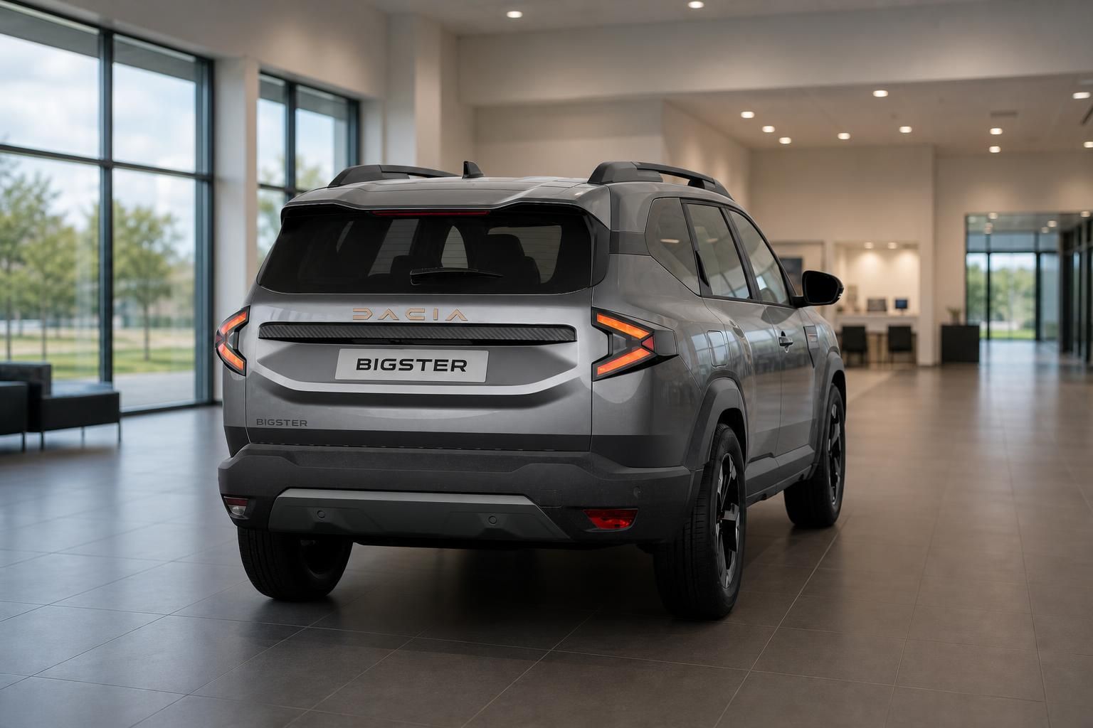 Dacia Bigster grau Heckansicht mit Markenlogo im Showroom
