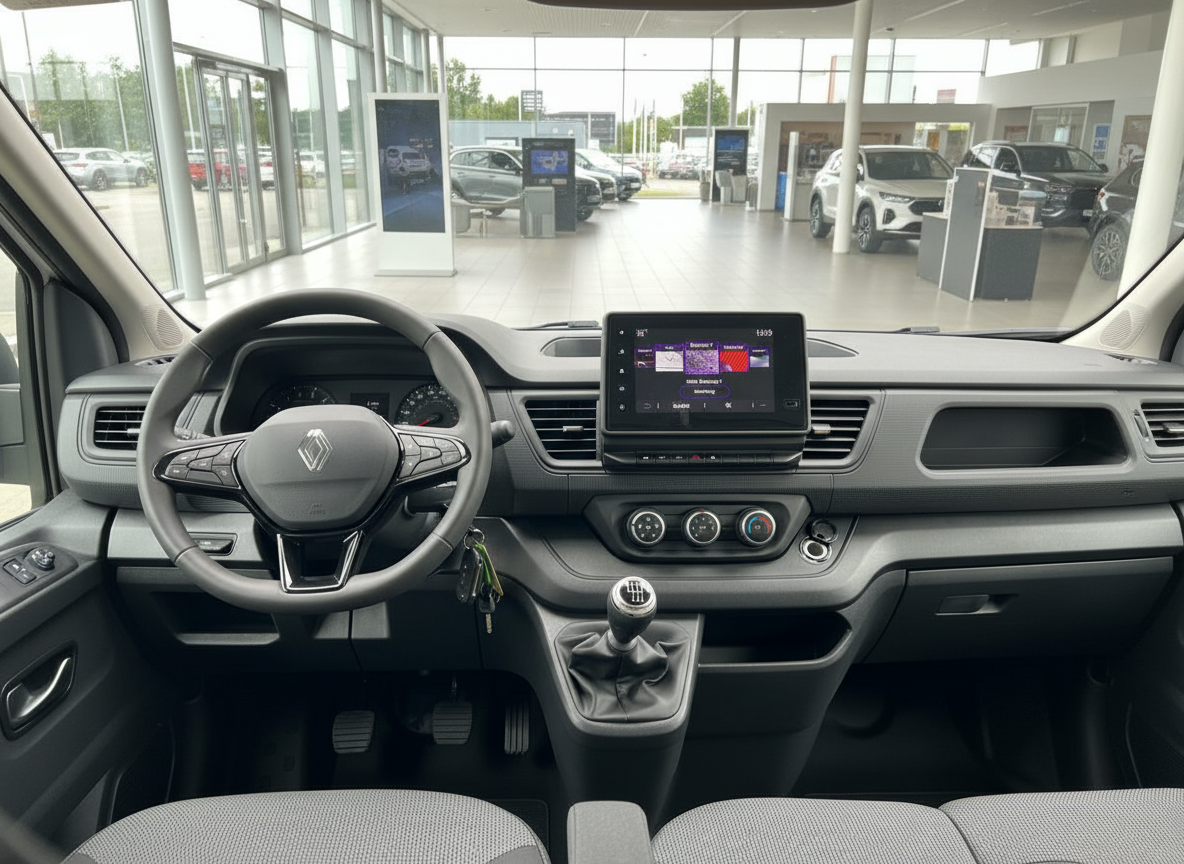 Renault Trafic Innenraum mit Cockpit, Lenkrad, Infotainment-Display und Schaltgetriebe