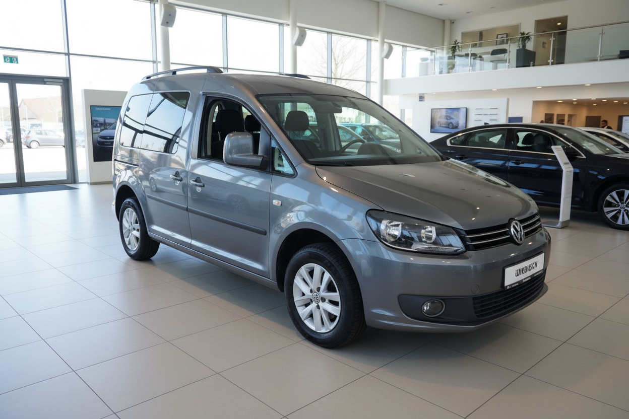 Grauer Volkswagen Caddy Kastenwagen im Autohaus-Showroom, Frontansicht