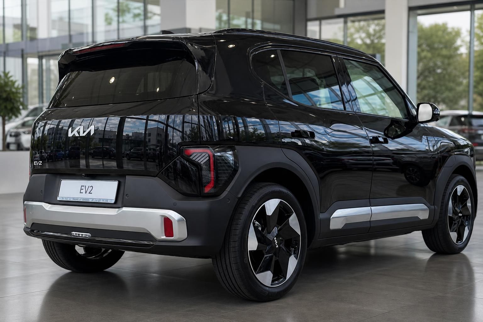Kia EV2 schwarz Heckansicht seitlich im Autohaus Showroom