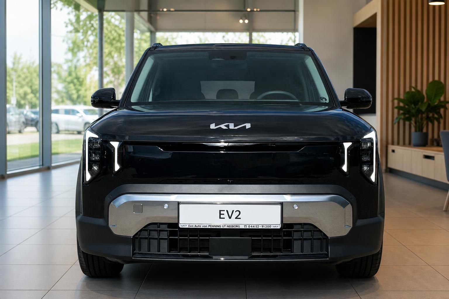Kia EV2 schwarz Frontansicht mit Kennzeichen im Autohaus