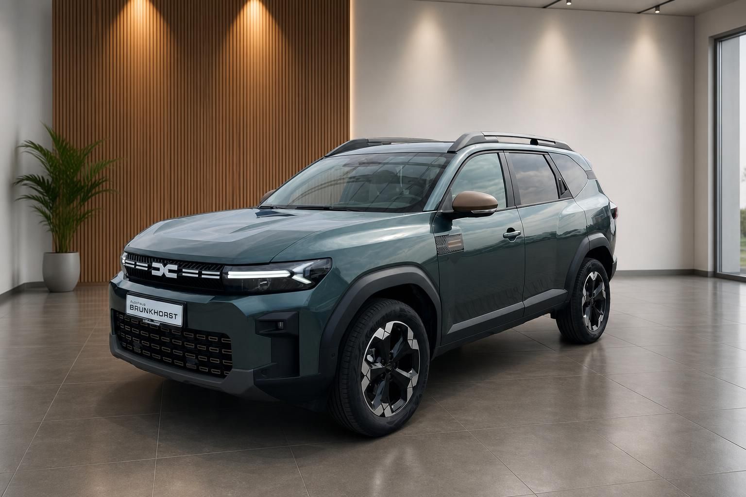 Dacia SUV Seitenansicht in grün metallic mit modernem Design im Autohaus