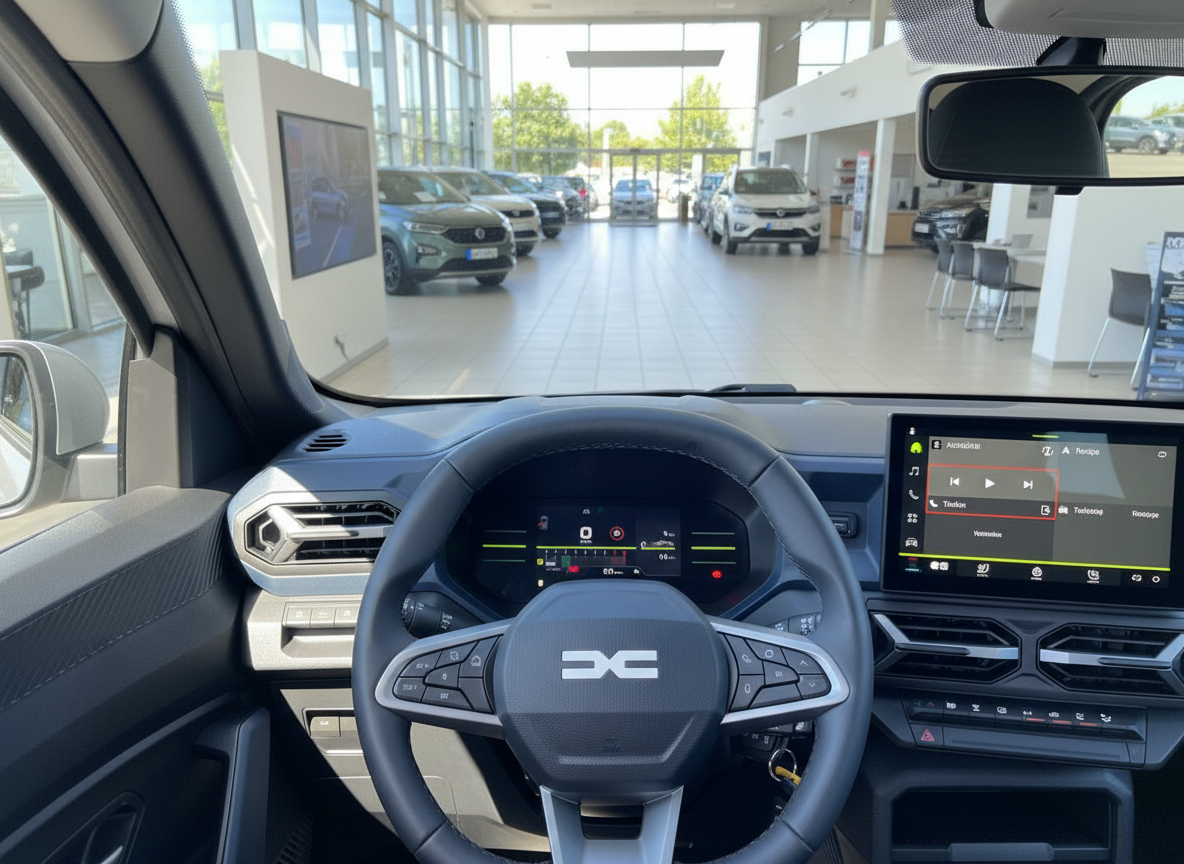 Dacia Innenraum mit Lenkrad und Infotainment-Display in einem Autohaus