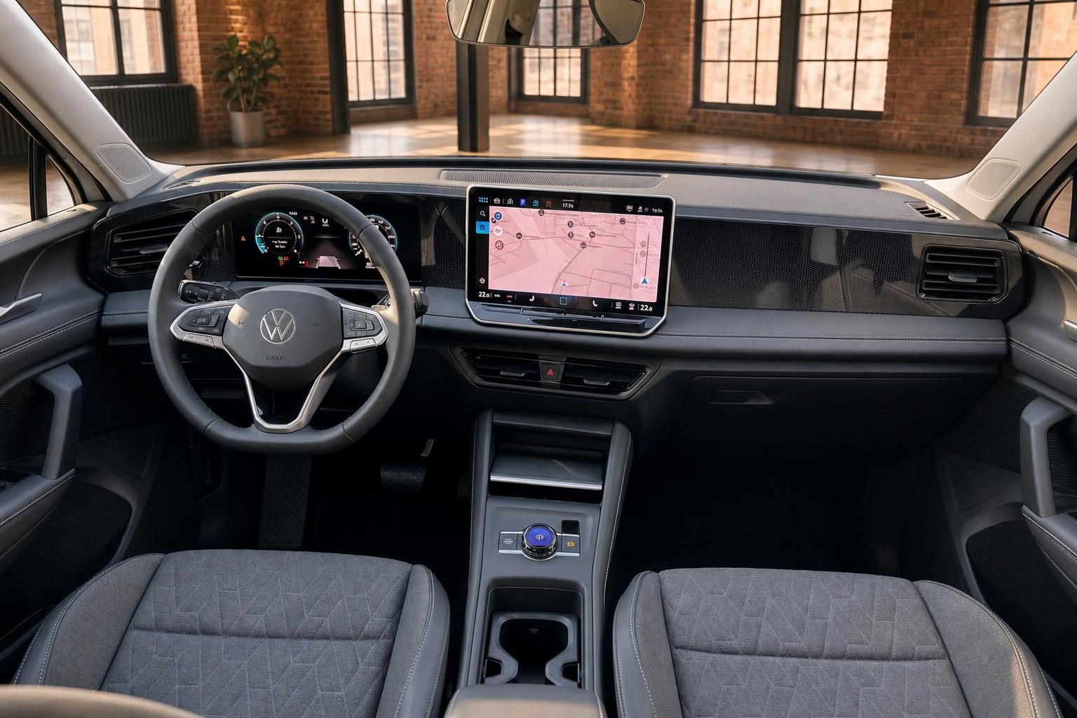 VW Innenraum Frontansicht mit Lenkrad und Touchscreen Display