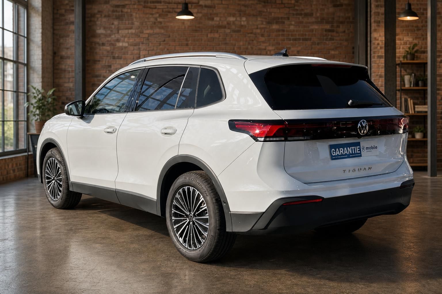 VW Tiguan weiß Heckansicht schräg in Showroom mit Ziegelwand