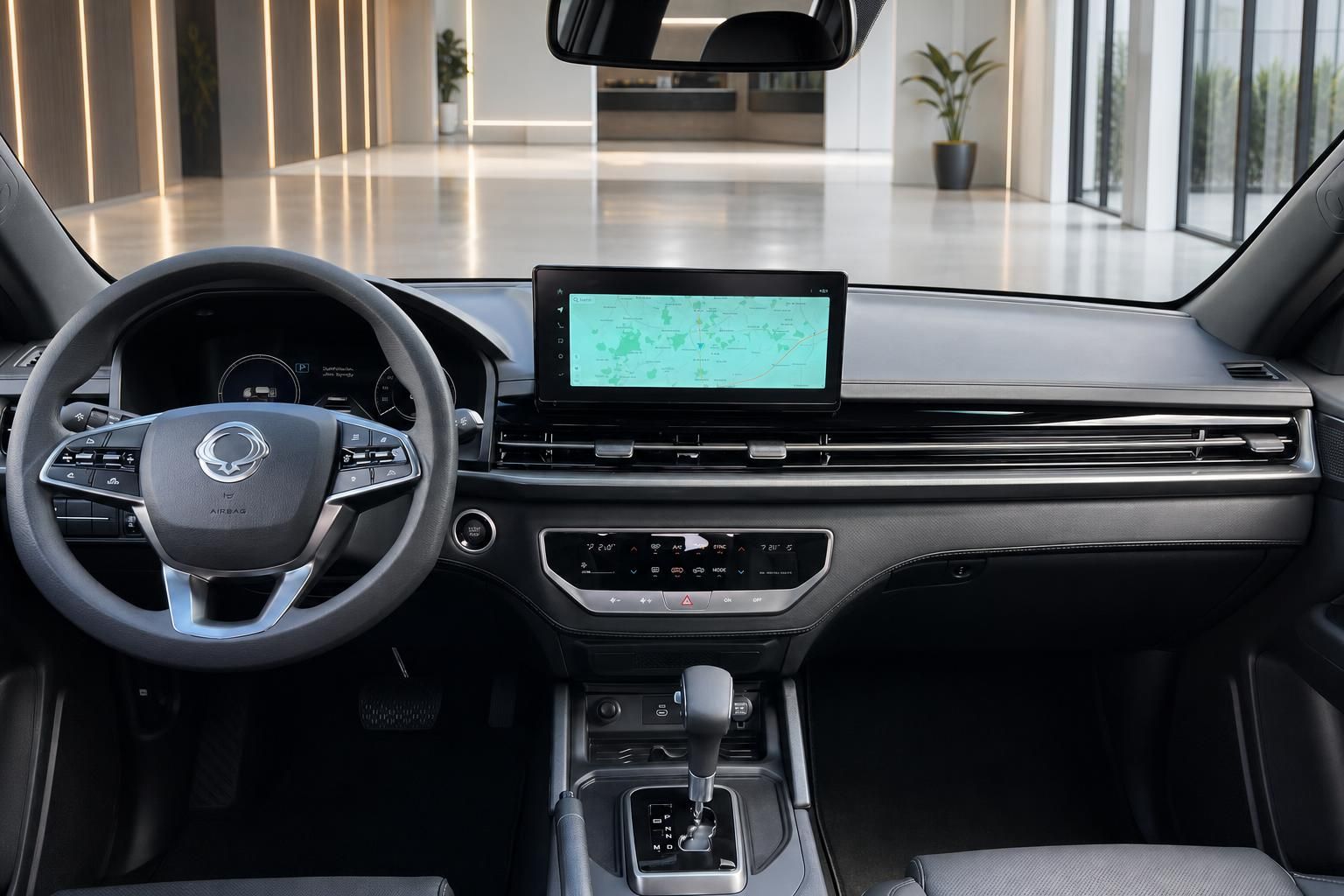 Auto Innenraum mit Armaturenbrett, Touchscreen Display und modernem Design