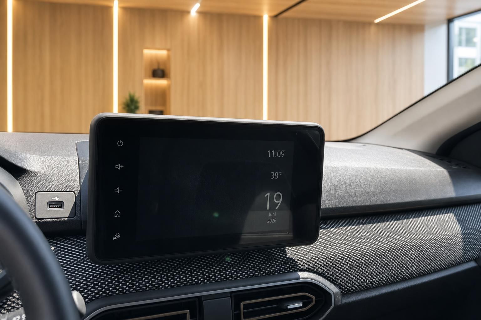 Dacia Touchscreen-Infotainment-Display auf dem Armaturenbrett mit USB-Anschluss