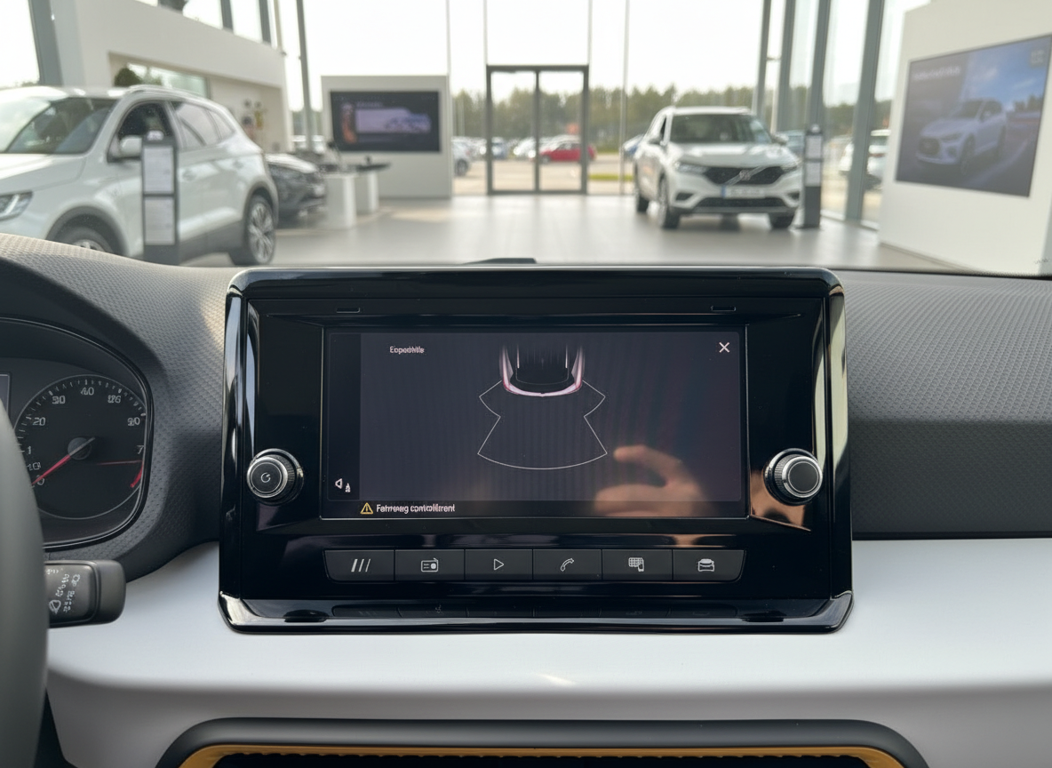 Fahrzeug-Infotainment-Display mit Parksensor-Anzeige im Innenraum eines Neuwagens im Autohaus