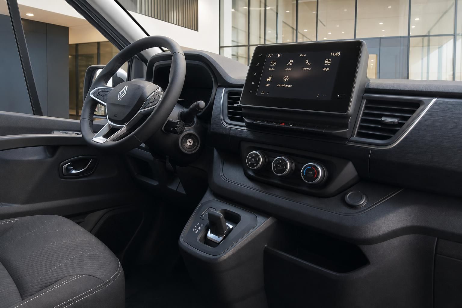Fahrzeug Cockpit mit Lenkrad, Touchscreen Display und modernem Armaturenbrett