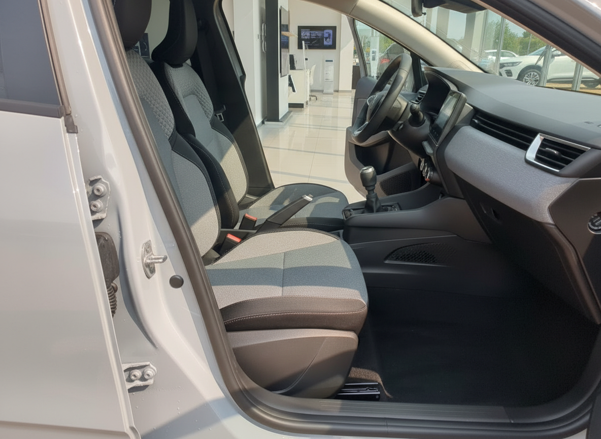 Fahrzeuginnenraum mit grau-braunen Stoffsitzen, Schaltgetriebe und Armaturenbrett im Autohaus