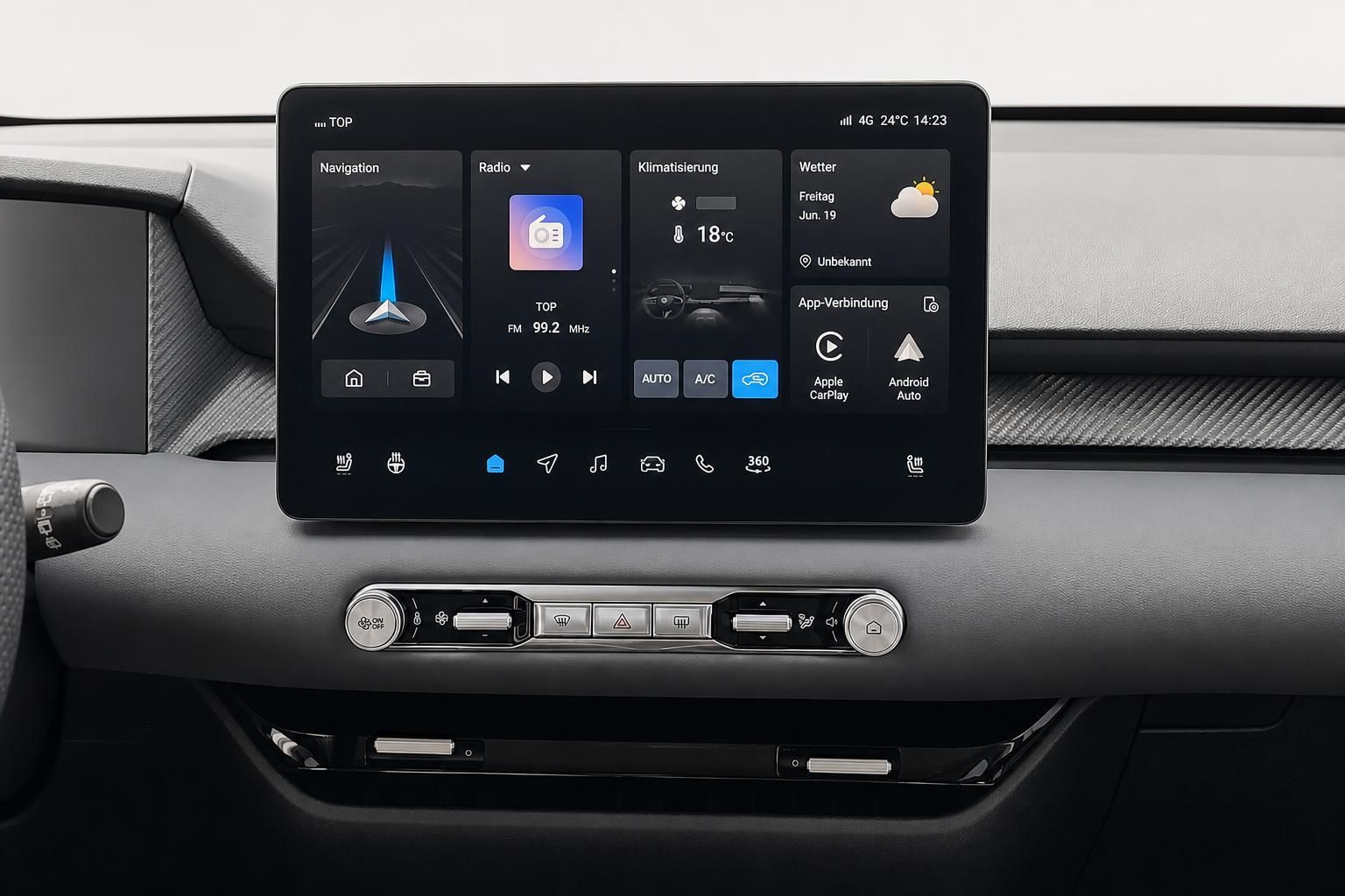 Infotainment-Display mit Navigation und Klimasteuerung im Fahrzeug