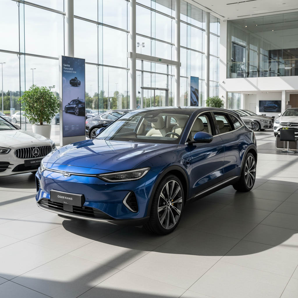 Blauer Elektro-SUV im modernen Autohaus-Showroom mit Mercedes-Fahrzeugen im Hintergrund
