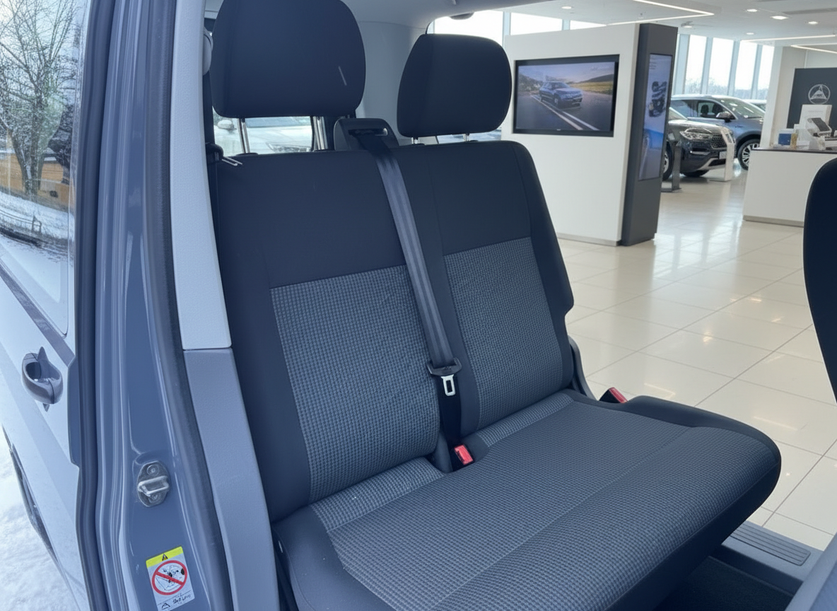 VW Transporter T6 Innenraum Doppelsitzbank hinten mit Sicherheitsgurt im Autohaus