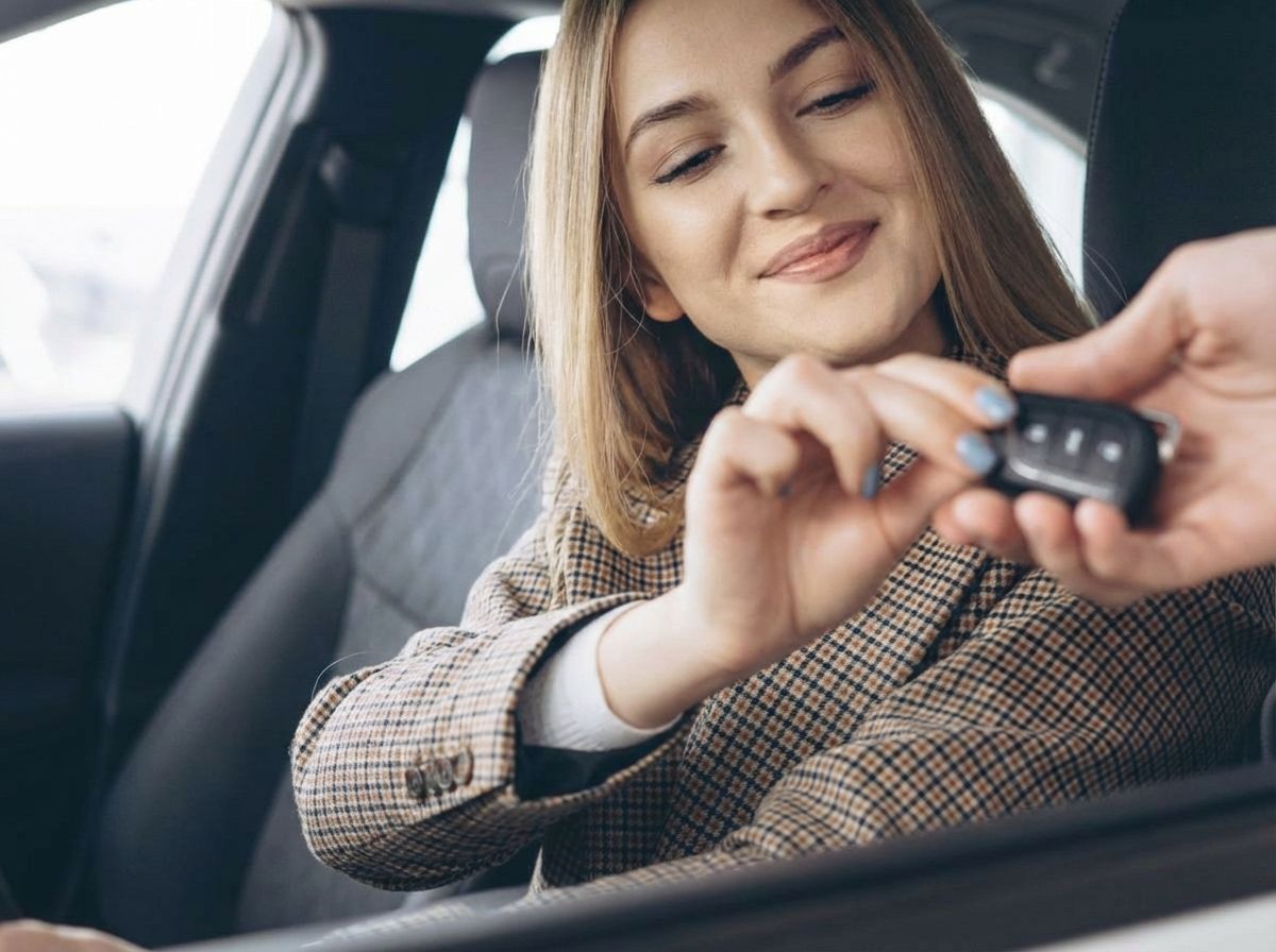 Frau sitzt im Auto und erhält Fahrzeugschlüssel – Neuwagenkauf im Autohaus