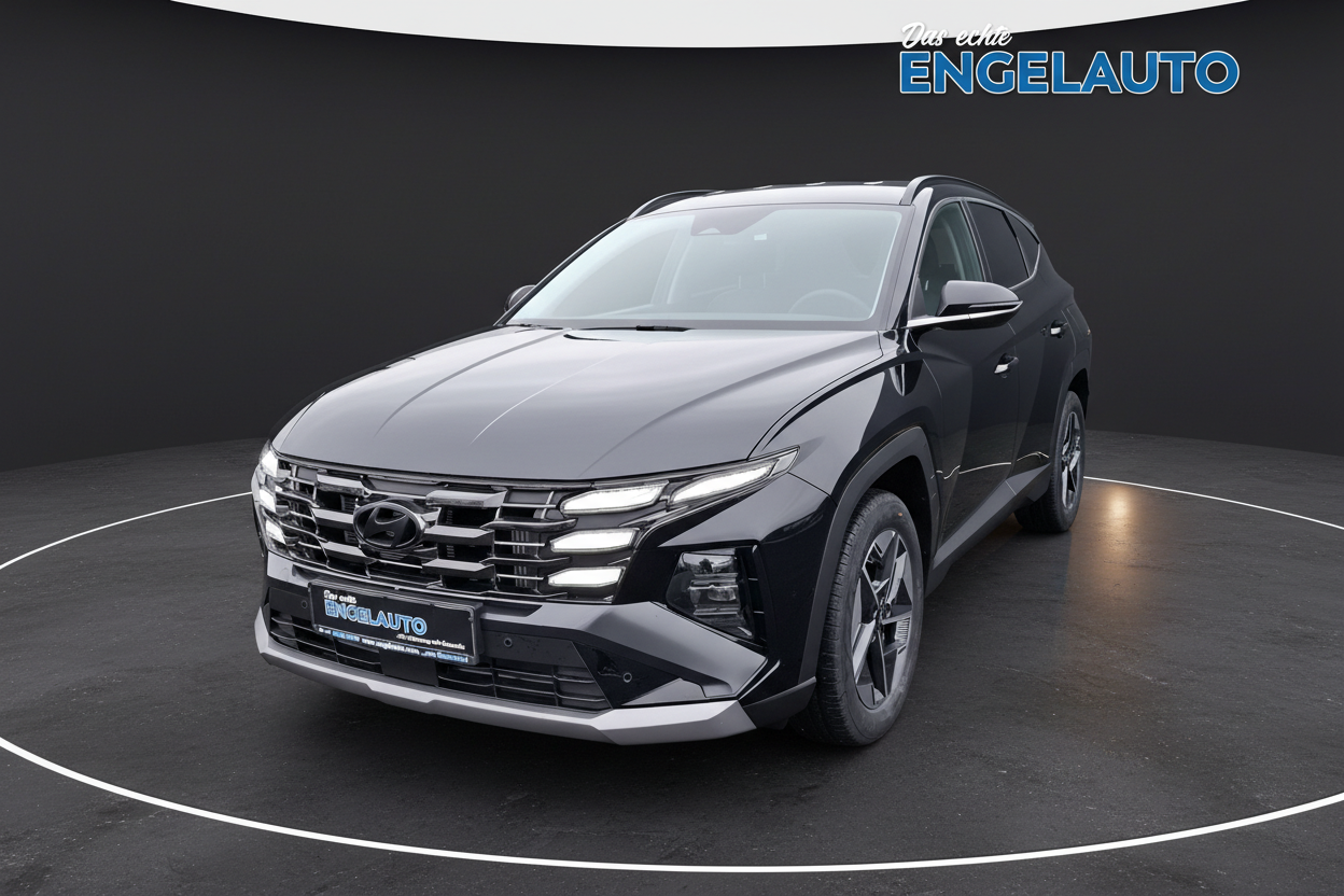 Hyundai Tucson Neuwagen in Schwarz mit LED-Scheinwerfern und modernem Design bei Engelauto kaufen - SUV Frontansicht im Showroom