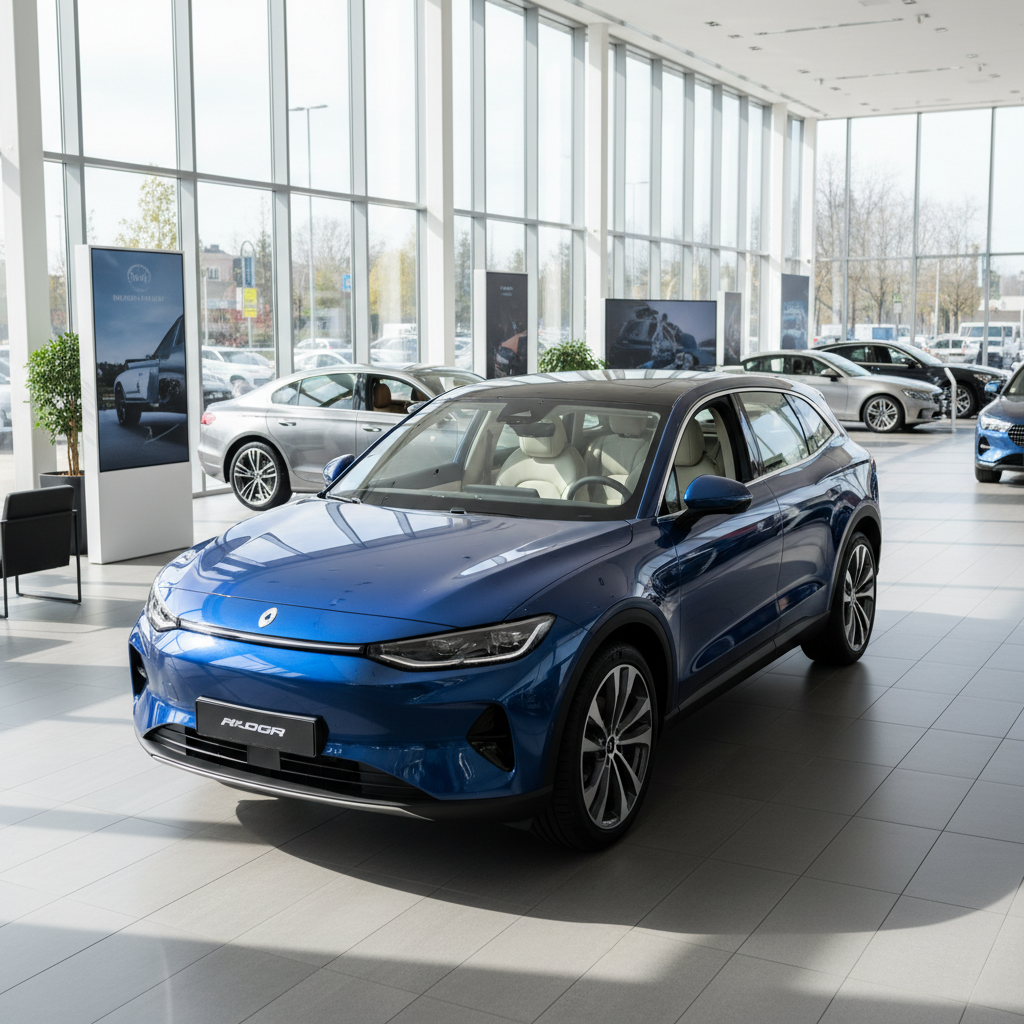 Blauer Elektro-SUV im modernen Autohaus-Showroom, Frontansicht mit hellem Interieur