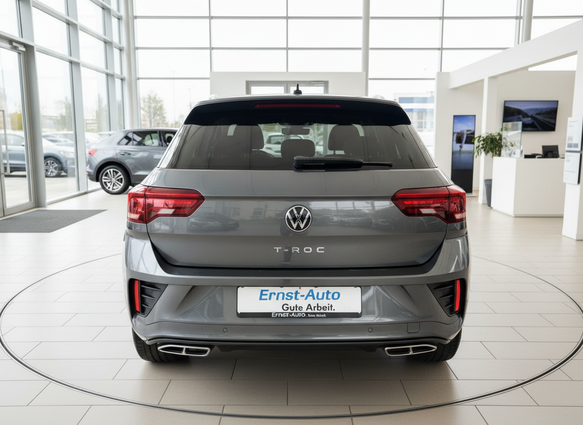 Volkswagen T-Roc in Grau – Heckansicht im Autohaus Ernst-Auto Showroom