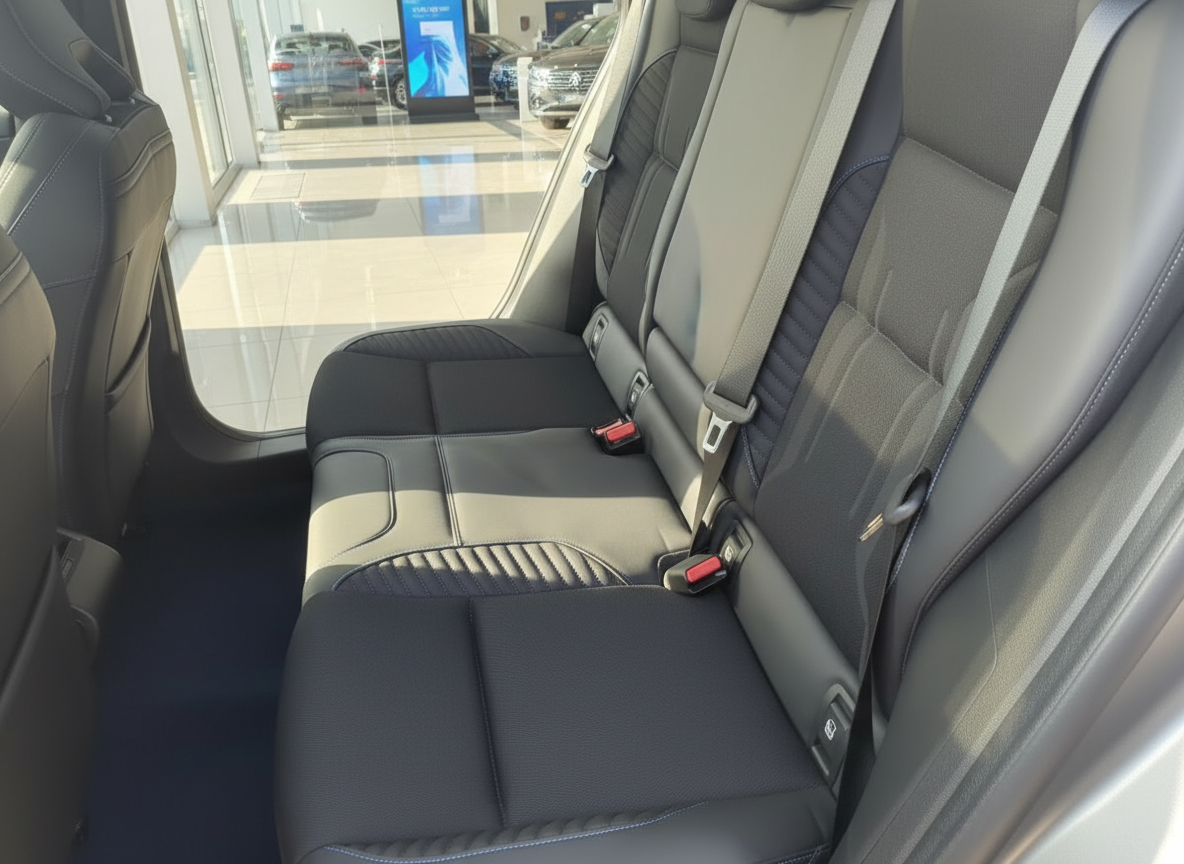 Fahrzeug Innenraum Rücksitzbank mit schwarzem Leder und Sicherheitsgurten im Autohaus