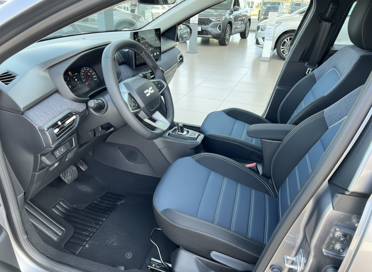 Dacia Innenraum Fahrersitz mit blau-schwarzen Stofssitzen und modernem Cockpit