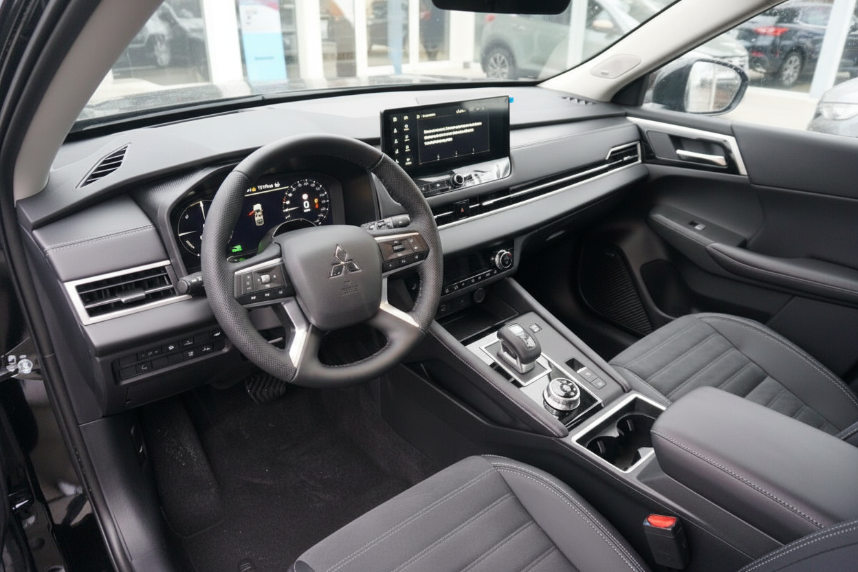 Mitsubishi Innenraum mit Lederlenkrad, Infotainment-Display und schwarzem Lederinterieur