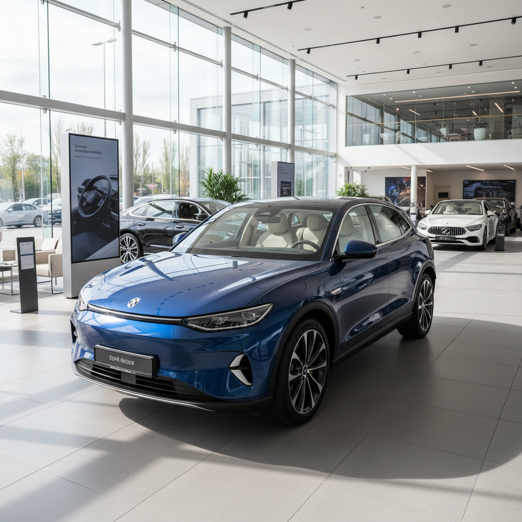 Blauer Elektro-SUV im modernen Autohaus-Showroom, Frontansicht mit hellem Innenraum