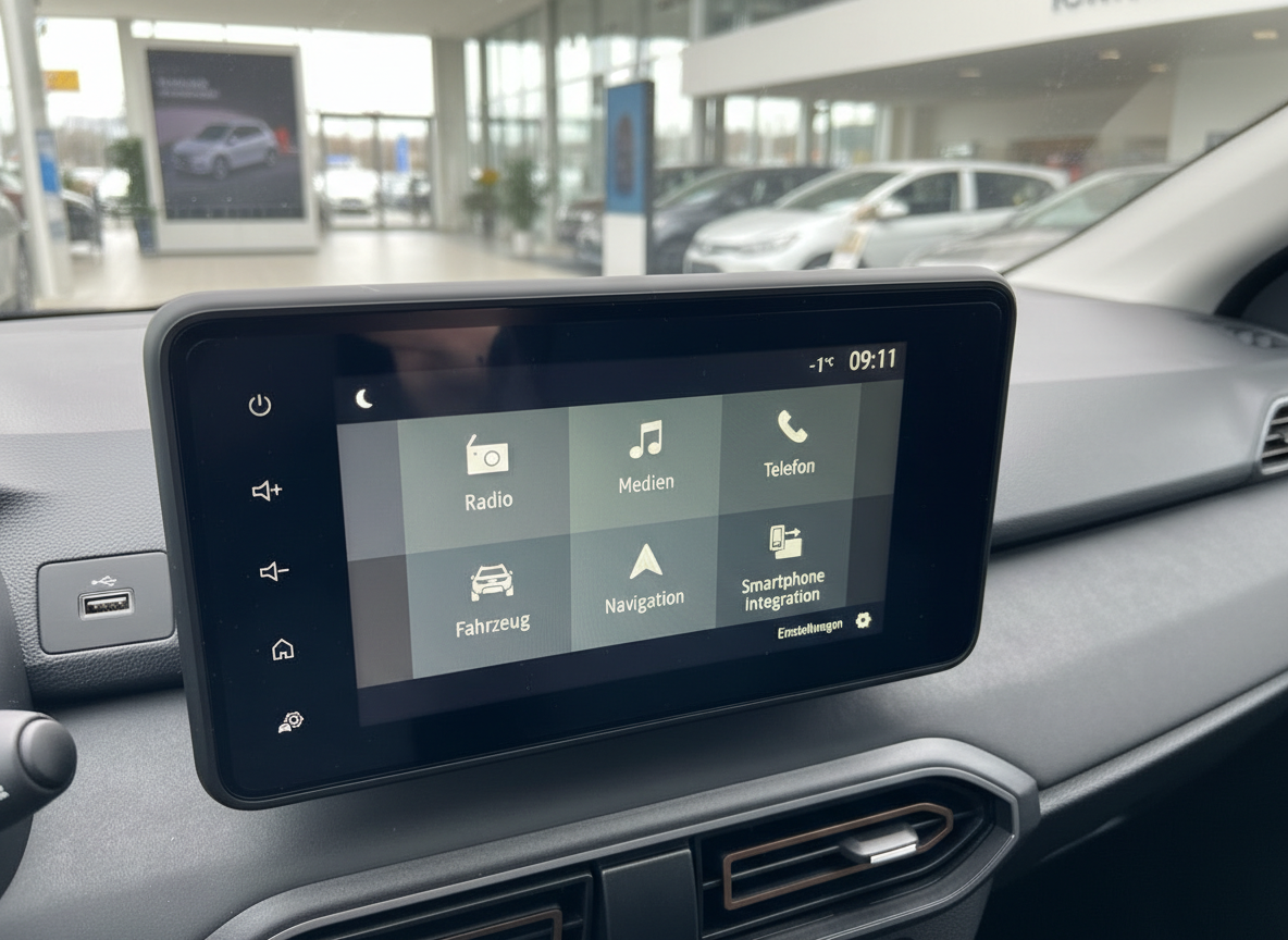 Infotainment-Touchscreen im Fahrzeug-Innenraum mit Navigation, Radio, Medien und Smartphone Integration