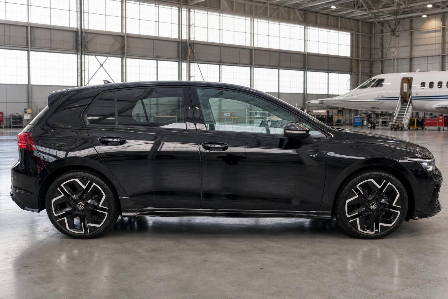 Volkswagen Golf schwarze Limousine - rechte Fahrzeugseite mit markanten Leichtmetallrädern