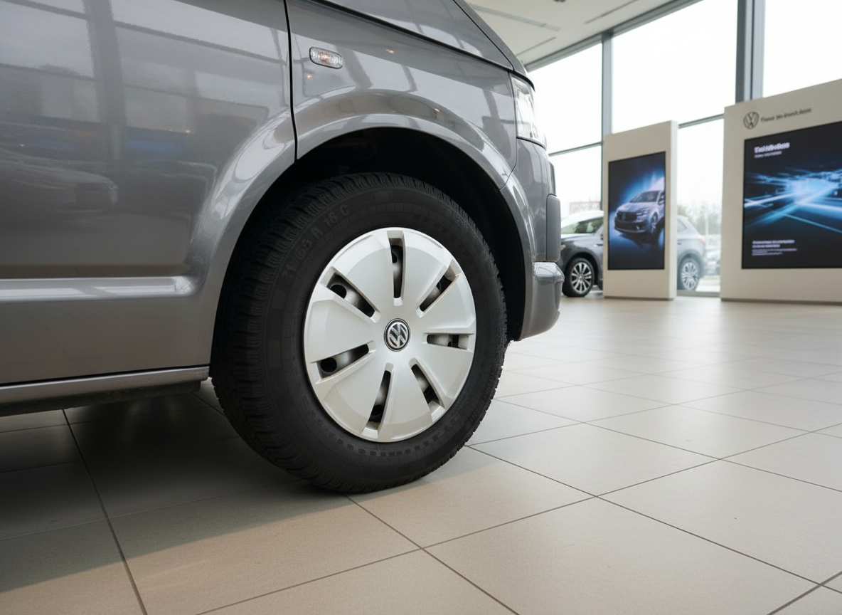 Volkswagen Transporter T6 in Grau im VW Autohaus Showroom – Nahaufnahme Vorderrad