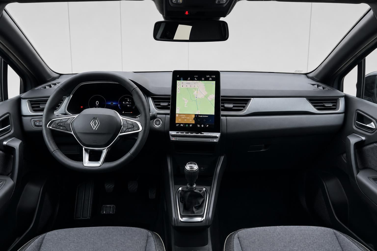 Renault Fahrzeug Innenraum mit Lenkrad, Touchscreen Display und Navigationssystem