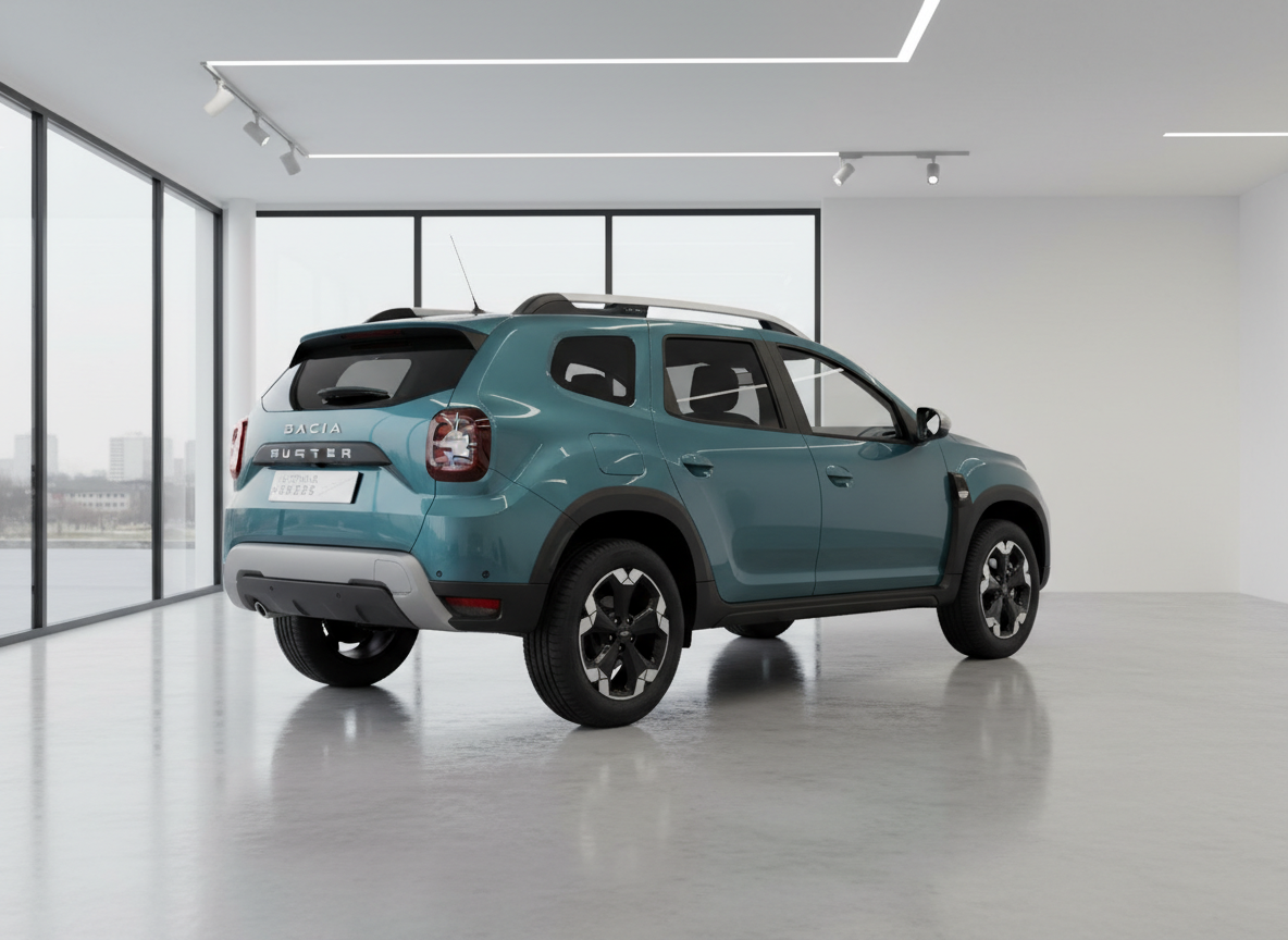 Dacia Duster SUV in Blaugrün von hinten in modernem Showroom
