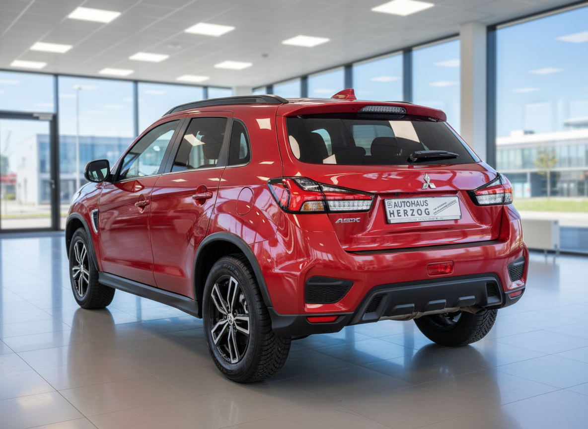 Roter Mitsubishi ASX Kompakt-SUV Heckansicht im Autohaus Herzog Showroom