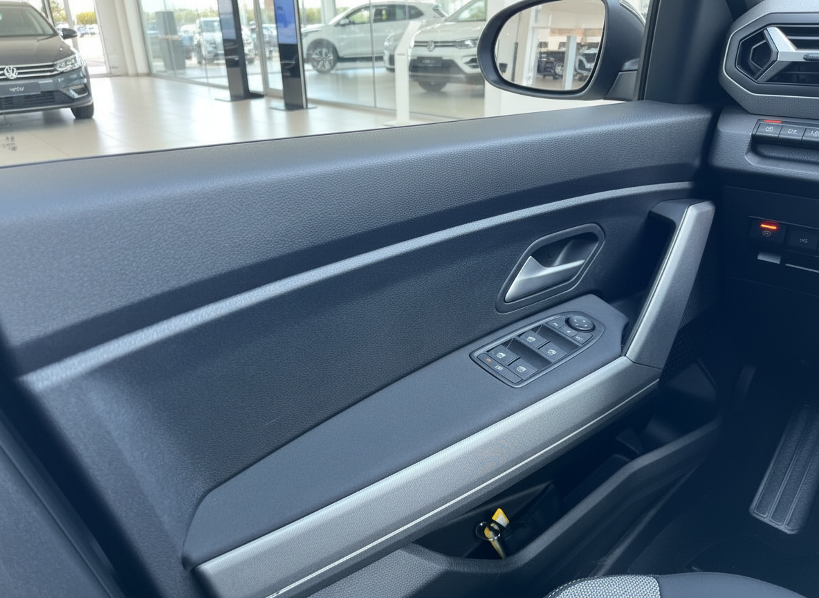 VW Fahrzeug Innenraum Fahrertür mit Fensterheber-Schaltern und Türgriff im Autohaus