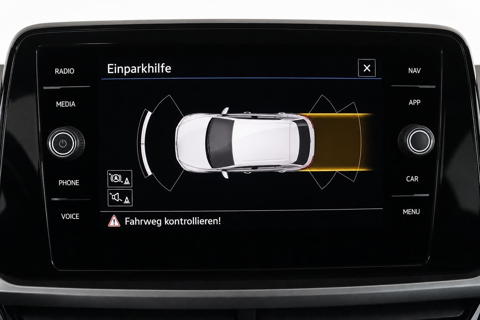 VW Einparkhilfe Anzeige im Touchscreen mit Fahrzeugumgebung